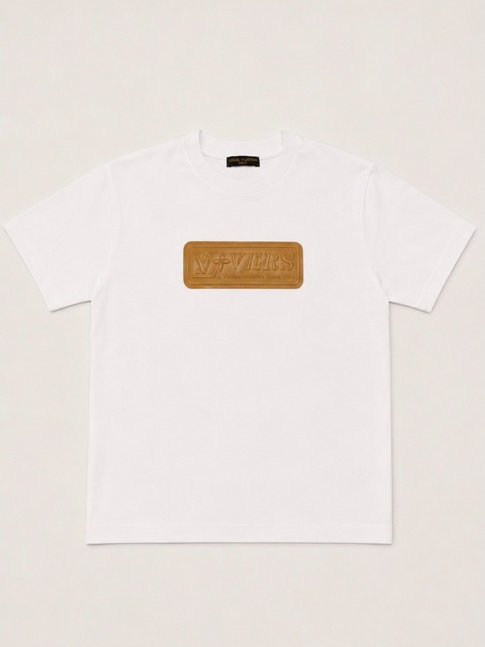 Louis Vuitton White Tee with Tan Embossed Leather Patch